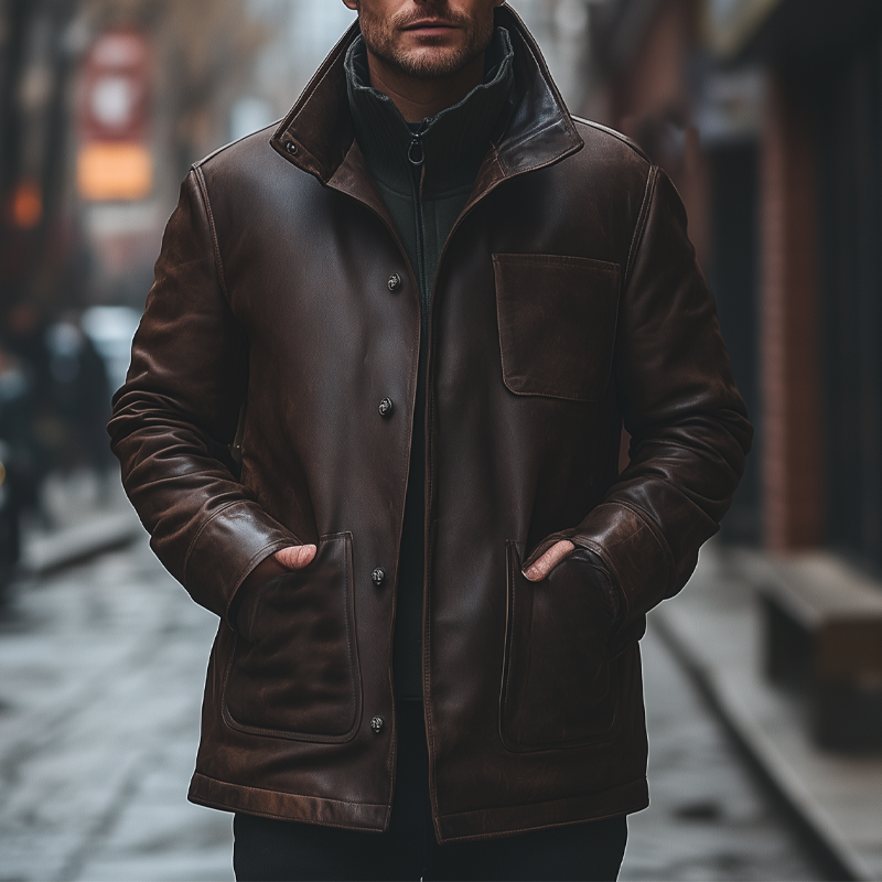 Men's Vintage Distressed Single-breasted PU Mid-length Coat MTA0852I8X