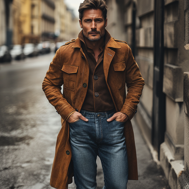 Men's Vintage Faux Suede Lapel Long Trench Coat MTA1839I0X