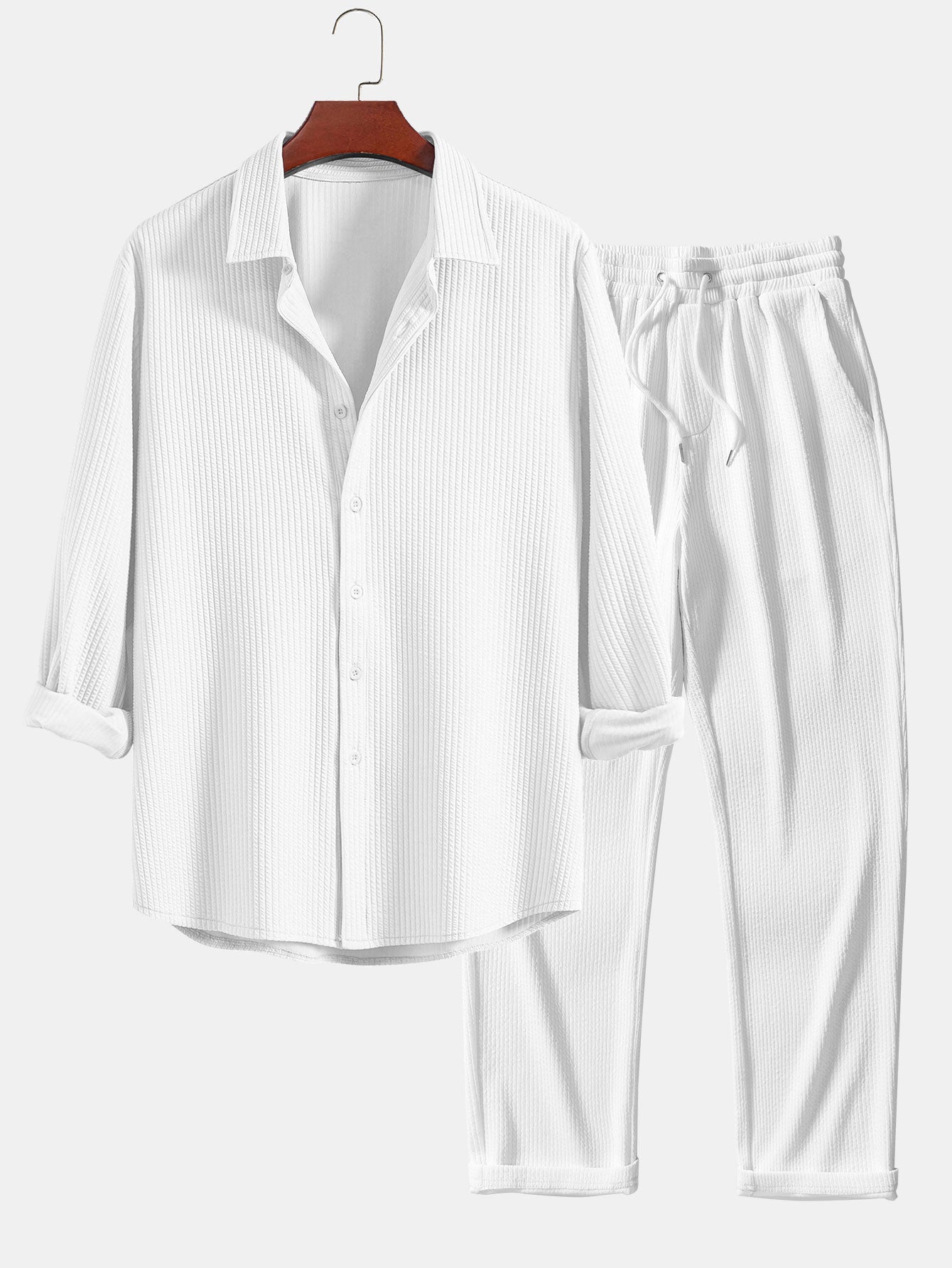 Long Sleeve Muscle Fit Ribbed Button Up Shirt & Straight Leg Ribbed Pants