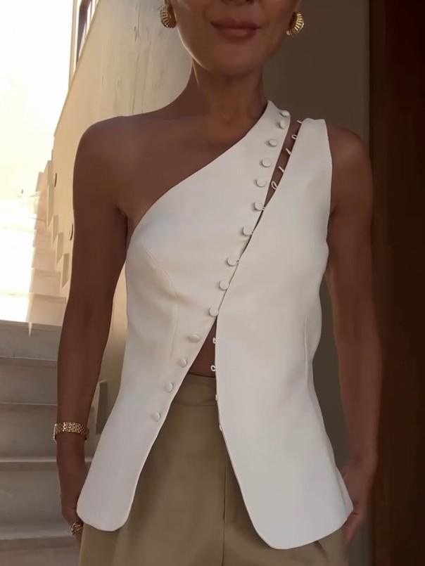 Dione™ One-Shoulder Button Detail Top