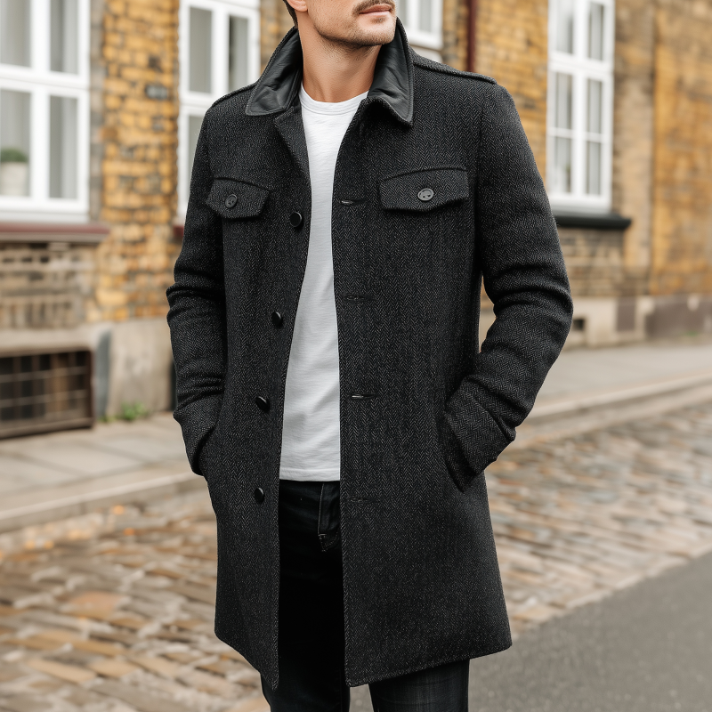 Men's Vintage Herringbone Pattern Splicing PU Lapel Single-Breasted Loose Warm Coat MTA1989H6M