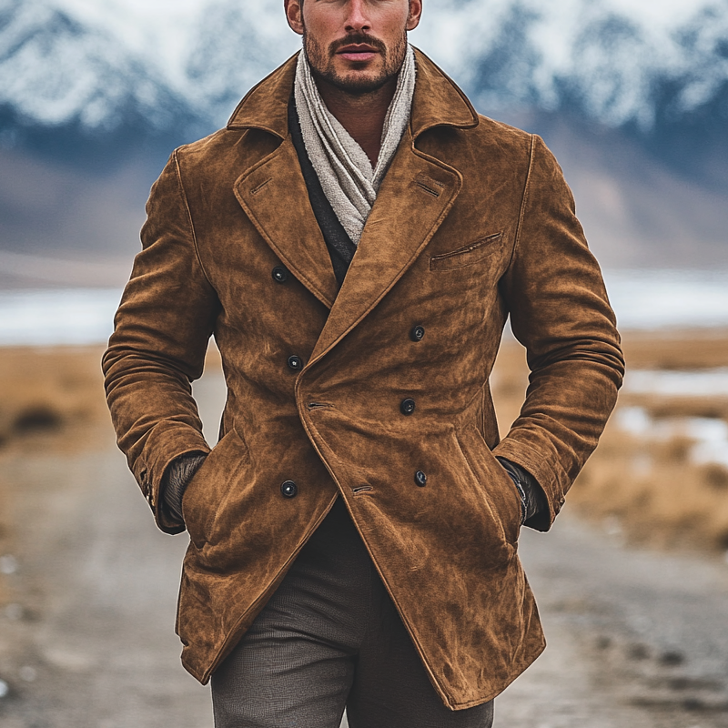 Men's Vintage Faux Suede Double-Breasted Lapel Mid-Length Coat MTA0843I7X