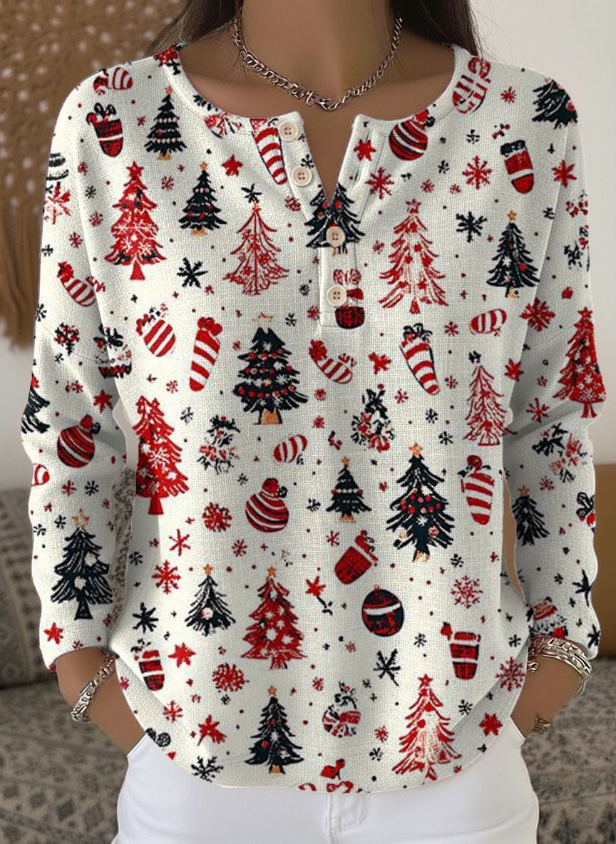 Women's Christmas Tree Art Print Buttoned Cardigan Sweater