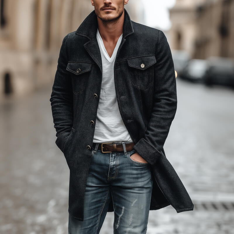 Men's Vintage Wool Blend Notch Lapel Single-breasted Slim Fit Mid-length Coat MTA2524H2M