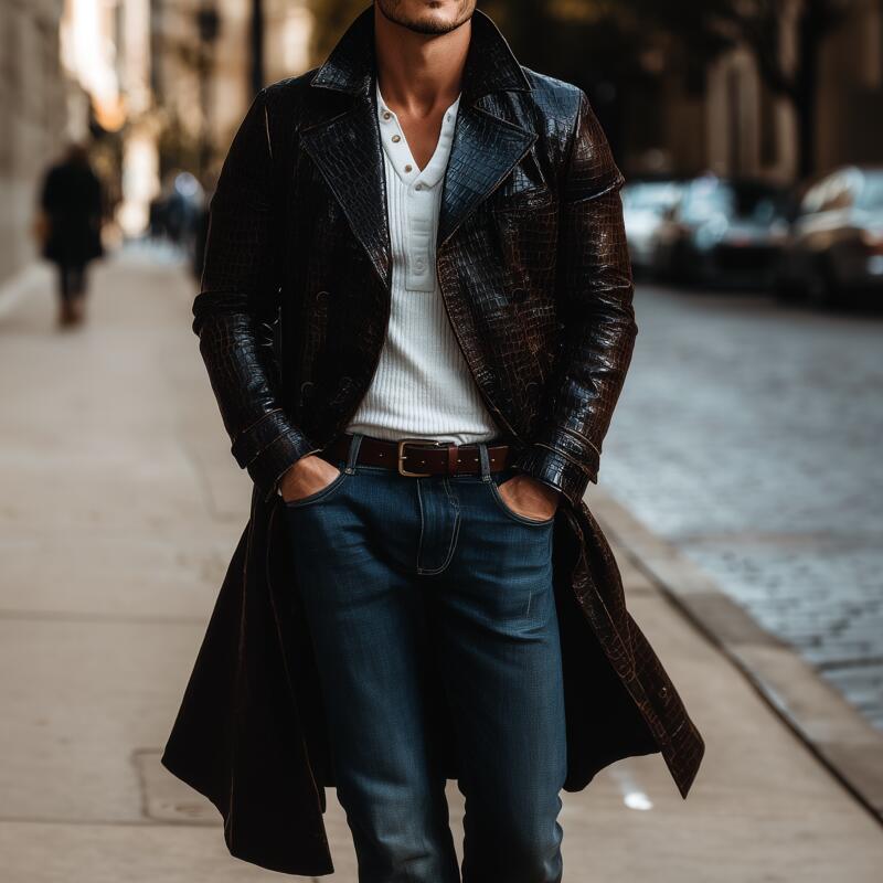 Men's Fashion Vintage Crocodile Pattern PU Notch Lapel Double-Breasted Slim Knee-Length Coat MTA2104H4M