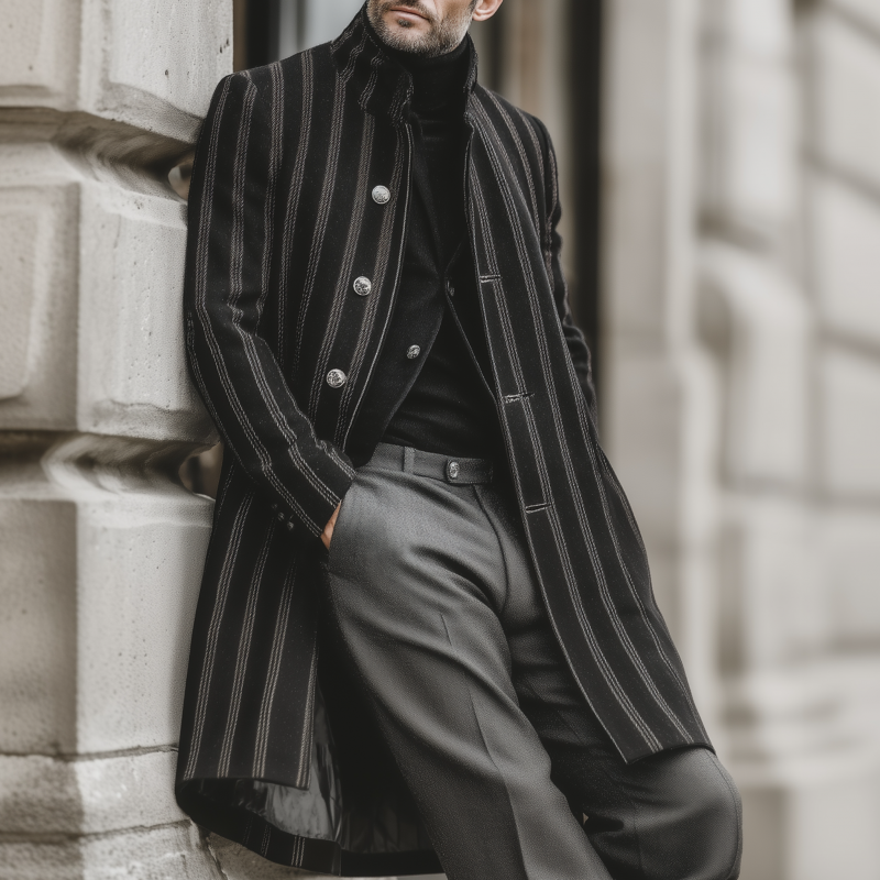 Men's Vintage Striped Wool Blend Stand Collar Single-Breasted Loose Warm Knee-Length Coat MTA1823H0M