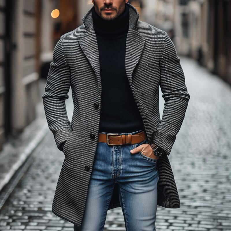 Men's Vintage Wool Blend Houndstooth Notch Lapel Single-breasted Loose Mid-length Coat MTA2524H4M