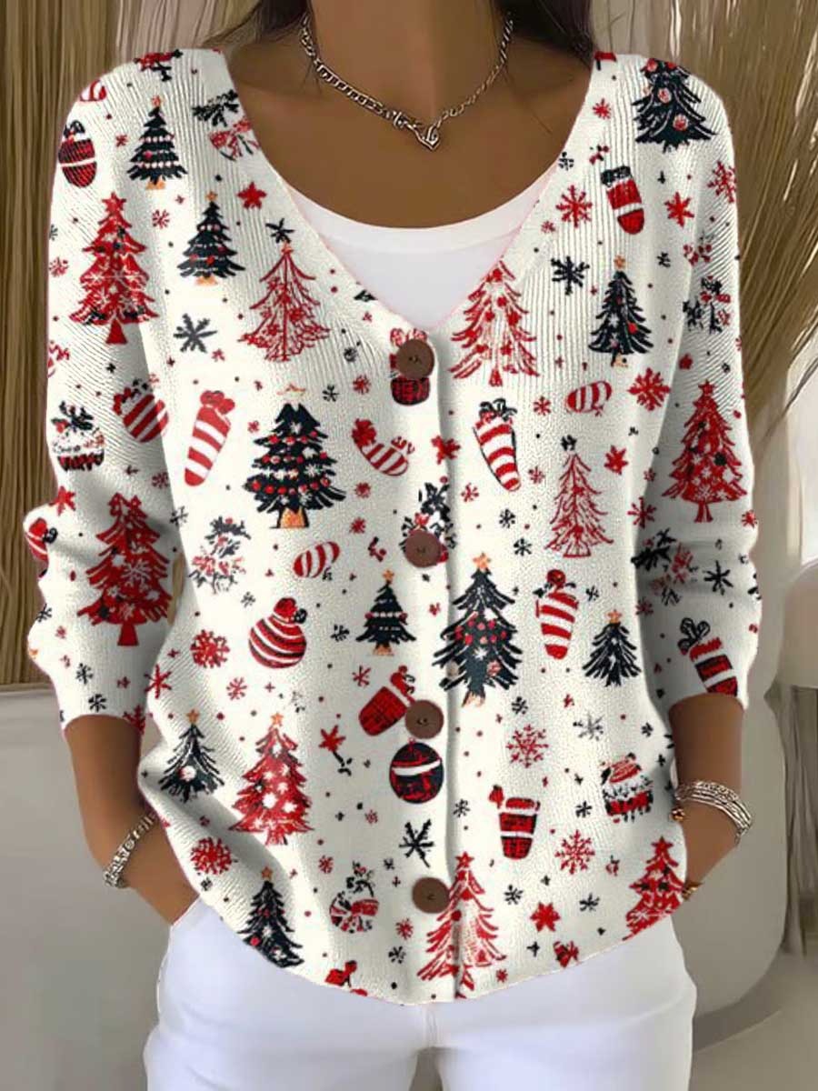Women's Christmas Tree Art Print Buttoned Cardigan Sweater