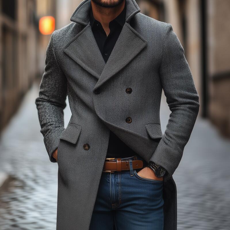 Men's Vintage Wool Blend Herringbone Pattern Notch Lapel Double-breasted Slim Fit Mid-length Coat MTA2563H2M