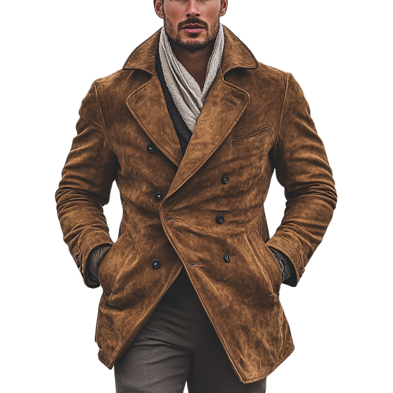 Men's Vintage Faux Suede Double-Breasted Lapel Mid-Length Coat MTA0843I7X