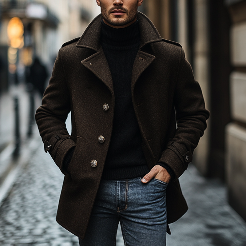 Men's Solid Color Lapel Blended Faux Wool Mid-length Coat MTA2262I5X