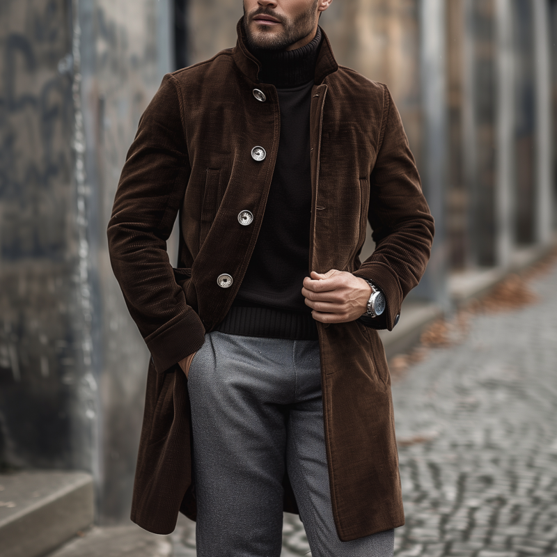 Men's Vintage Elegant Solid Color Corduroy Stand Collar Single Breasted Slim Fit Coat MTA0224H1M