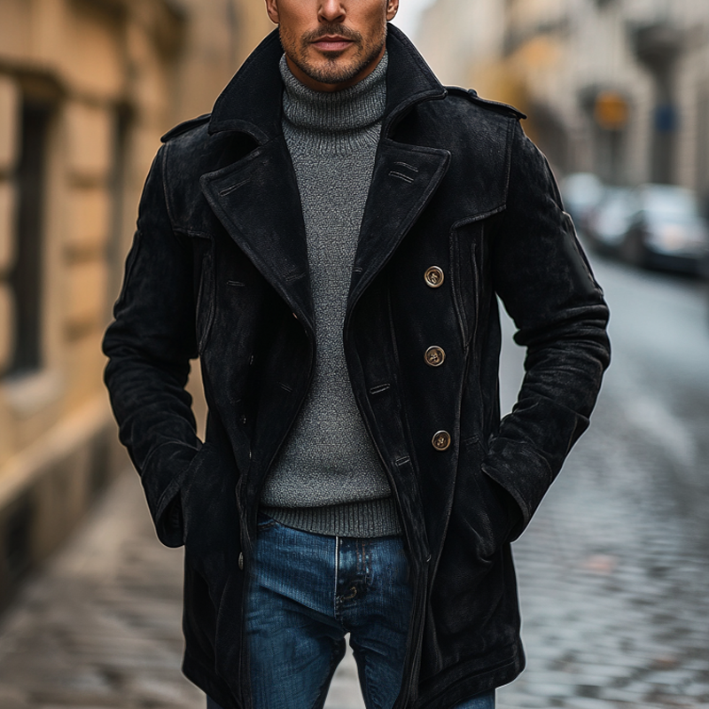 Men's Vintage Solid Color Lapel Faux Suede Mid-Length Coat MTA1360I2X