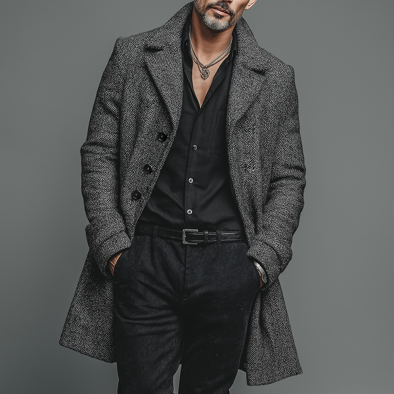 Men's Retro Casual Herringbone Single-Breasted Mid-Length Coat MTA1611I4TO