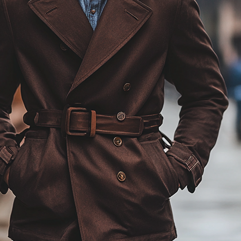 Men's Solid Color Twill Lapel Double-breasted Short Coat (including Belt) MTA1554I3X