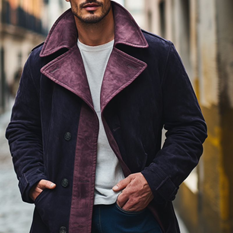 Men's Retro Contrast Lapel Faux Suede Trousers And Coat MTA0441I1X