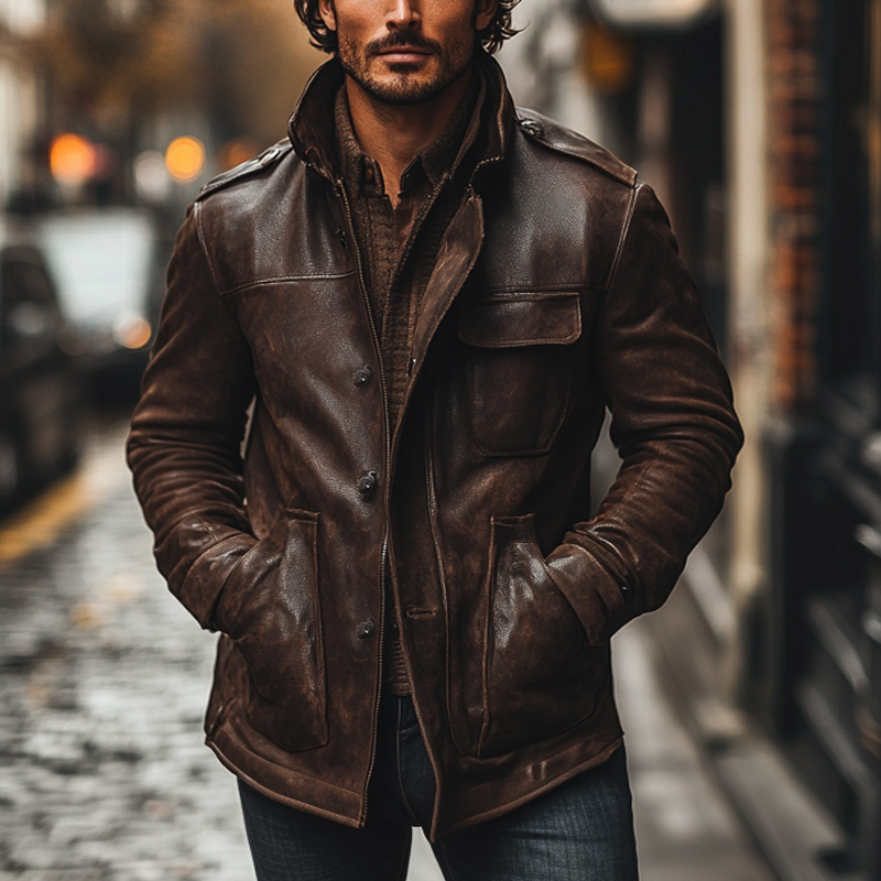 Men's Vintage Distressed Lapel Multi-pocket PU Mid-length Coat MTA0886I6X