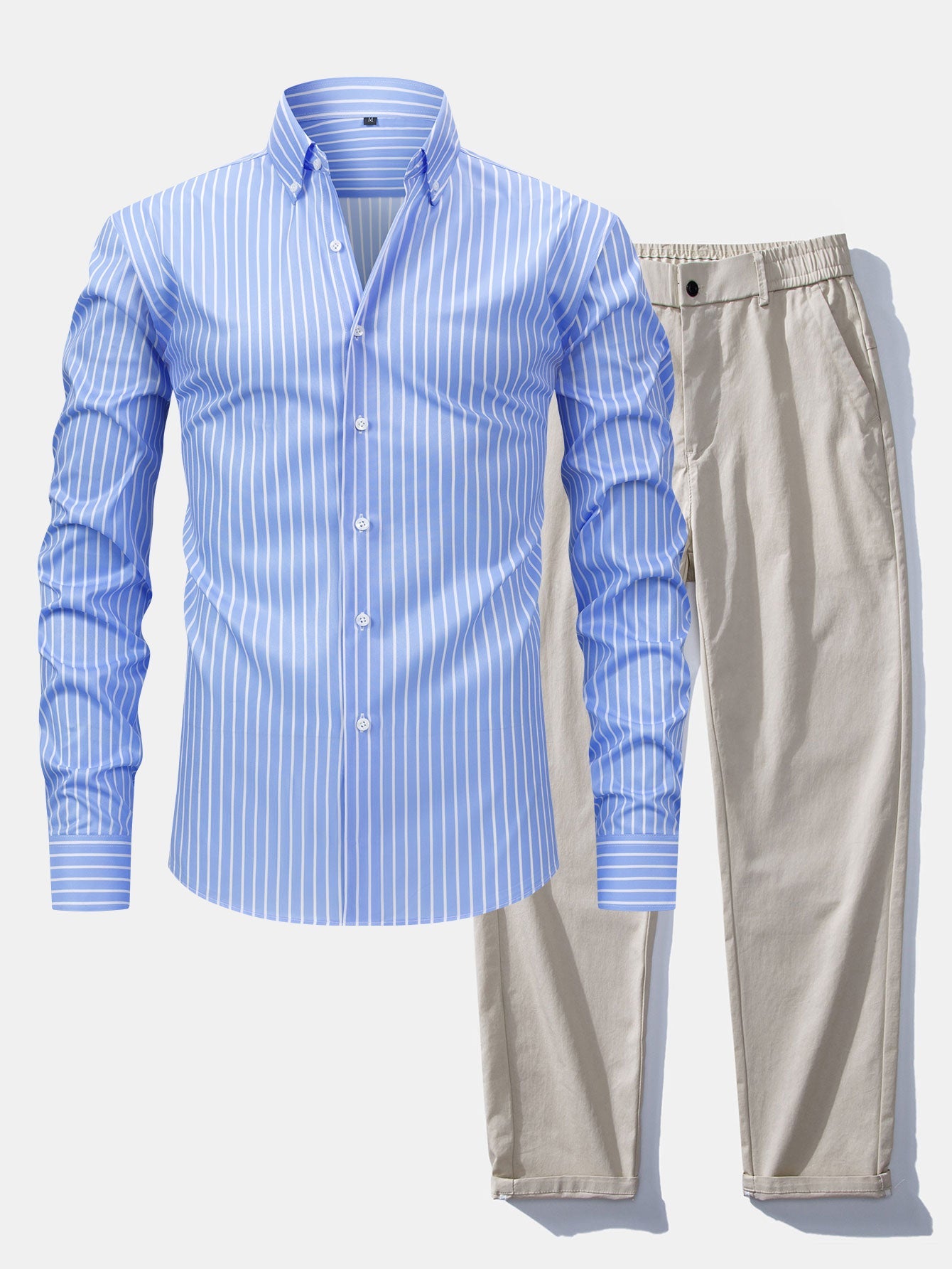 Long Sleeve Stripe Button Up Shirt & Elastic Waist Straight Leg Trousers