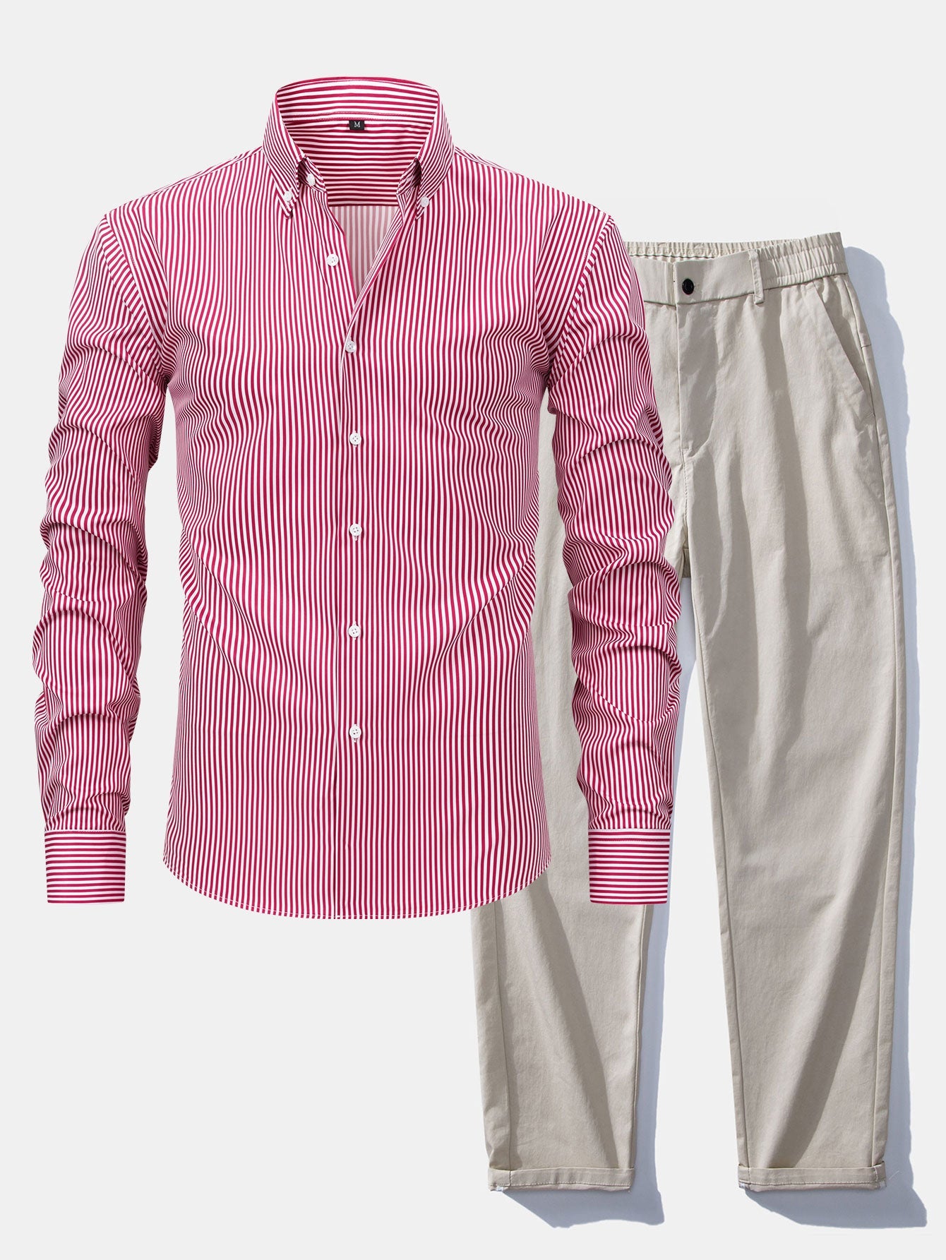 Long Sleeve Stripe Button Up Shirt & Elastic Waist Straight Leg Trousers