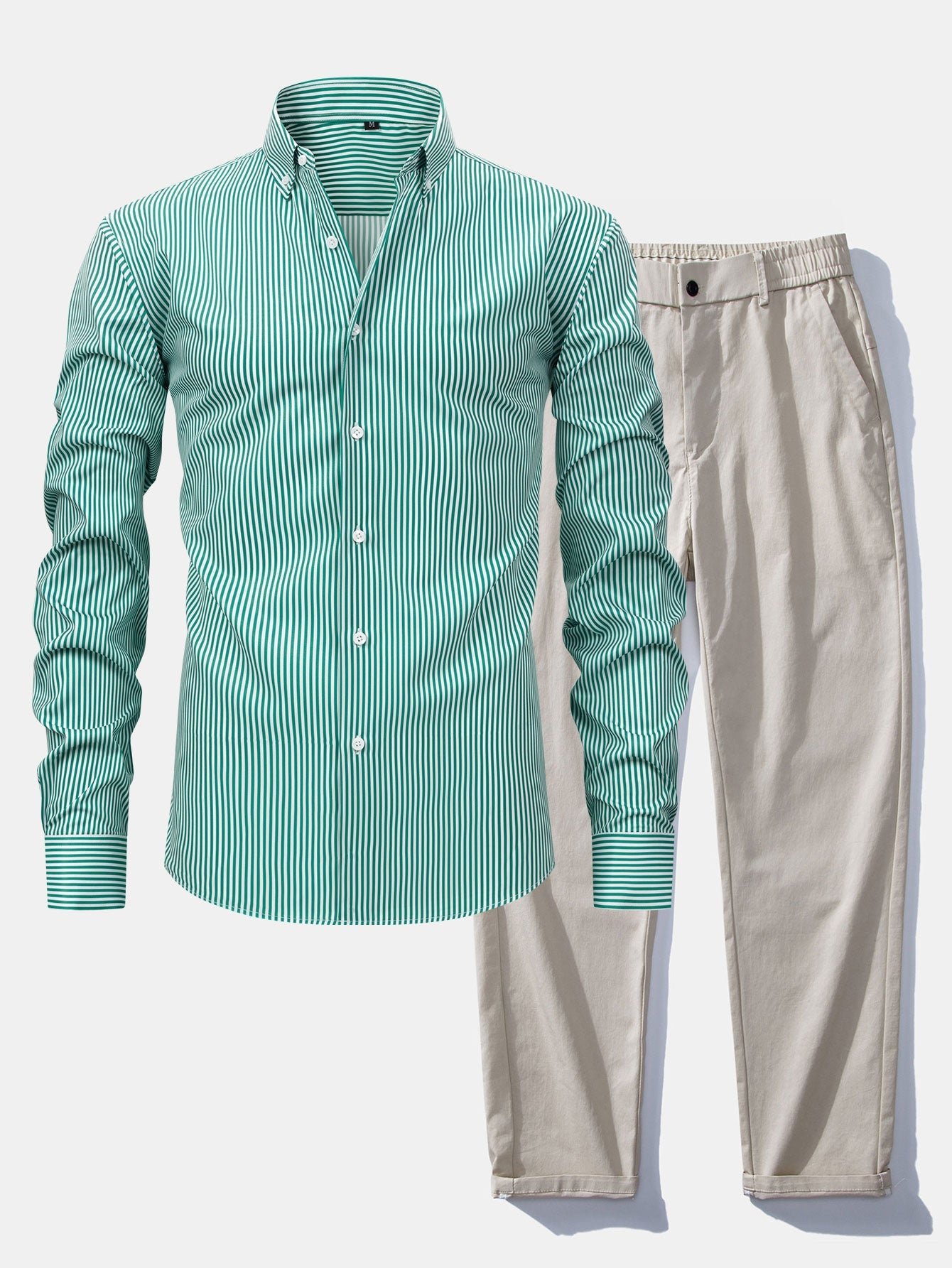 Long Sleeve Stripe Button Up Shirt & Elastic Waist Straight Leg Trousers