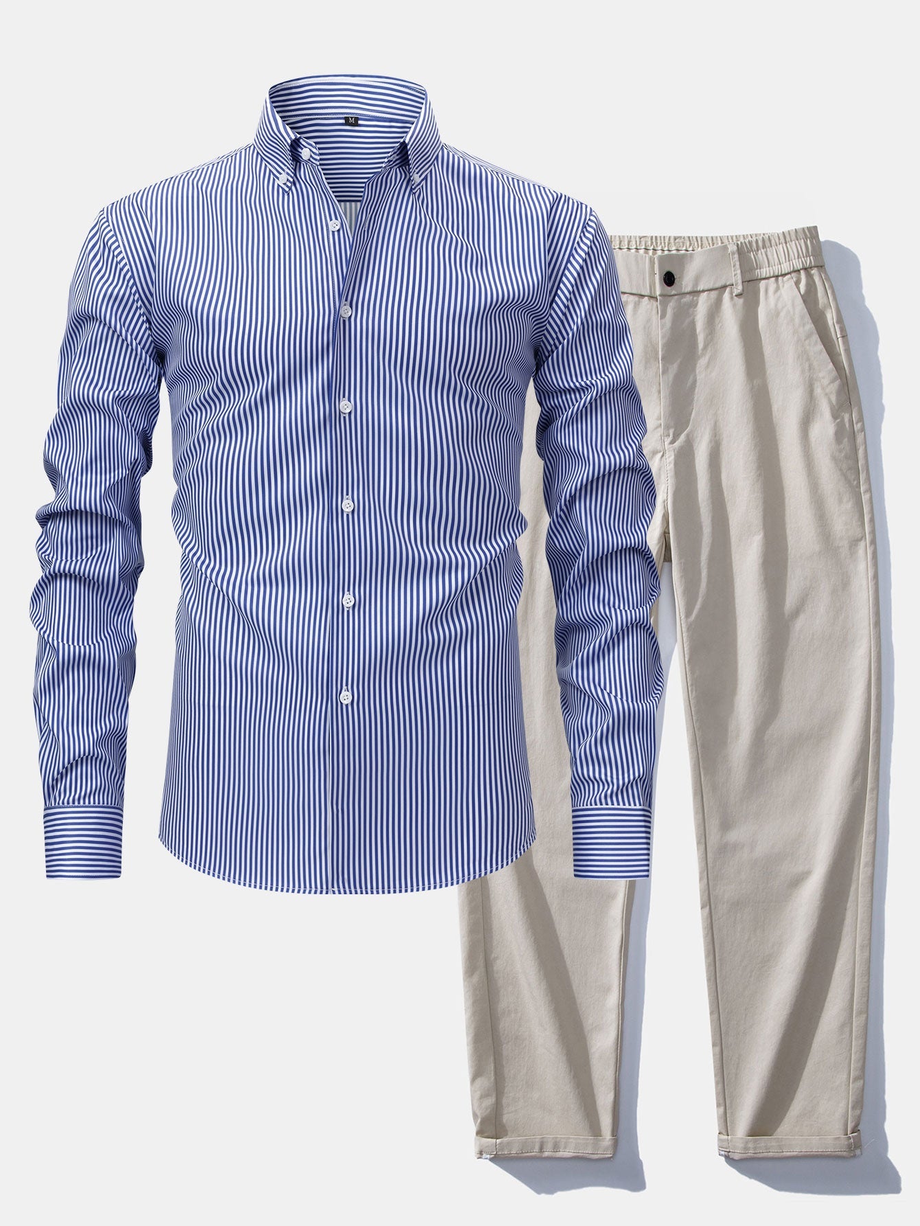 Long Sleeve Stripe Button Up Shirt & Elastic Waist Straight Leg Trousers