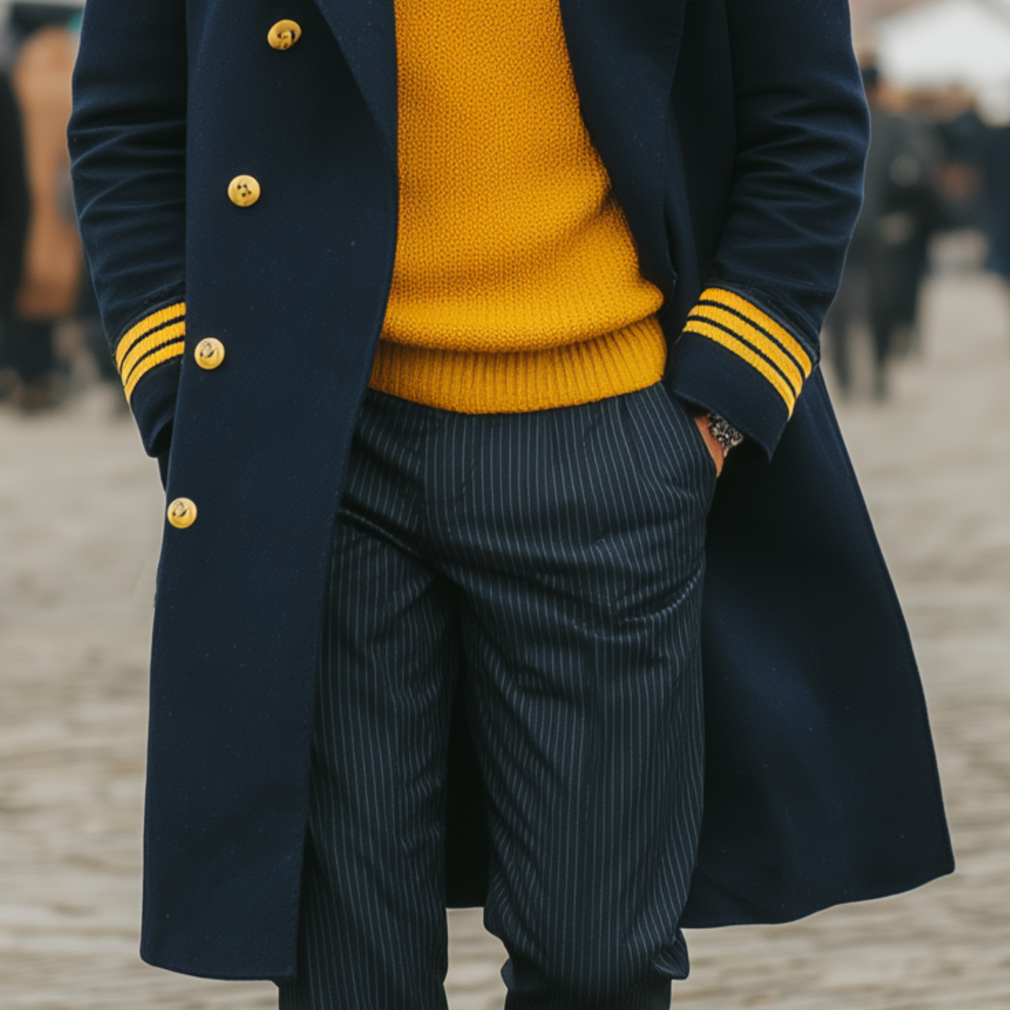 Men's Classic Retro Lapel Navy Blue Epaulette Wool Double-breasted Knee-length Coat MTA1659I7K