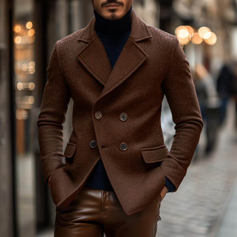 Men's Vintage Solid Color Twill Wool Blend Notch Lapel Double-breasted Slim Fit Warm Peacoat MTA2165H8M