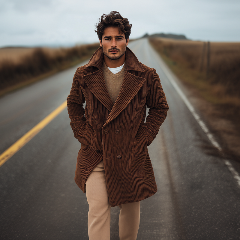 Men's Retro Solid Color Striped Lapel Mid-Length Coat MTA0166I4X