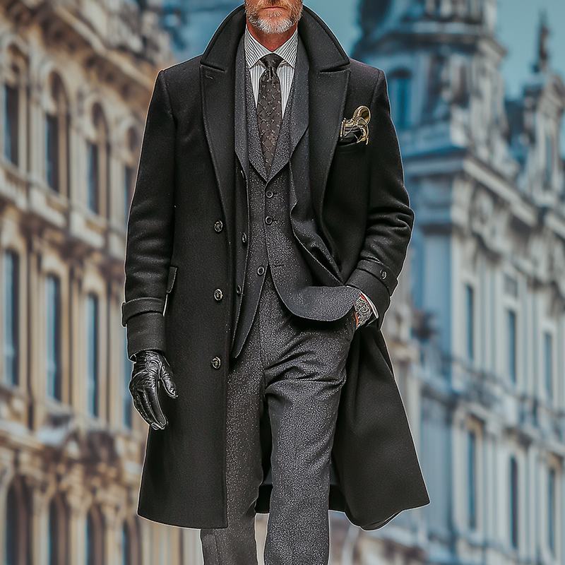 Men's Retro Casual Solid Color Faux Tweed Lapel Long Coat MTA1959I9TO