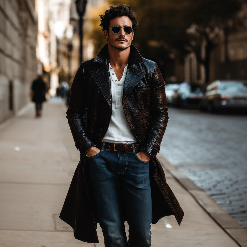 Men's Fashion Vintage Crocodile Pattern PU Notch Lapel Double-Breasted Slim Knee-Length Coat MTA2104H4M