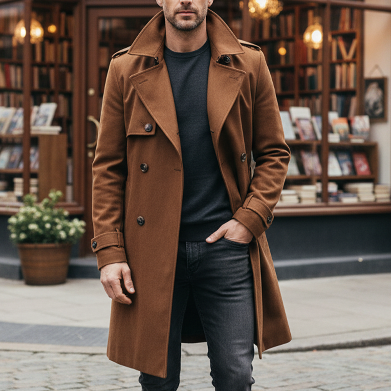 Men's British Style Double-breasted Blended Faux Wool Long Coat MTA1092I4X