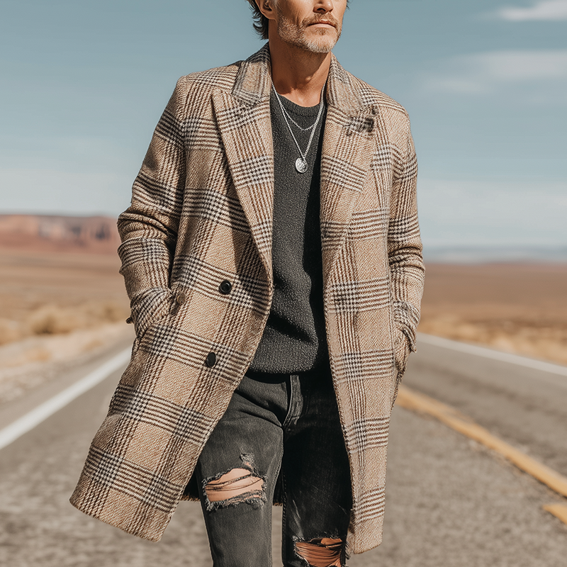 Men's Autumn And Winter Fashion Mixed Color Plaid Long Coat MTA1149I2P