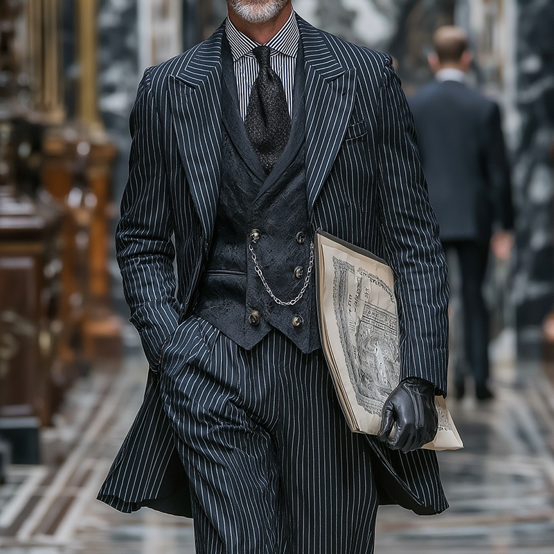 Men's Retro Casual British Style Elegant Striped Mid-Length Coat MTA1947I5TO