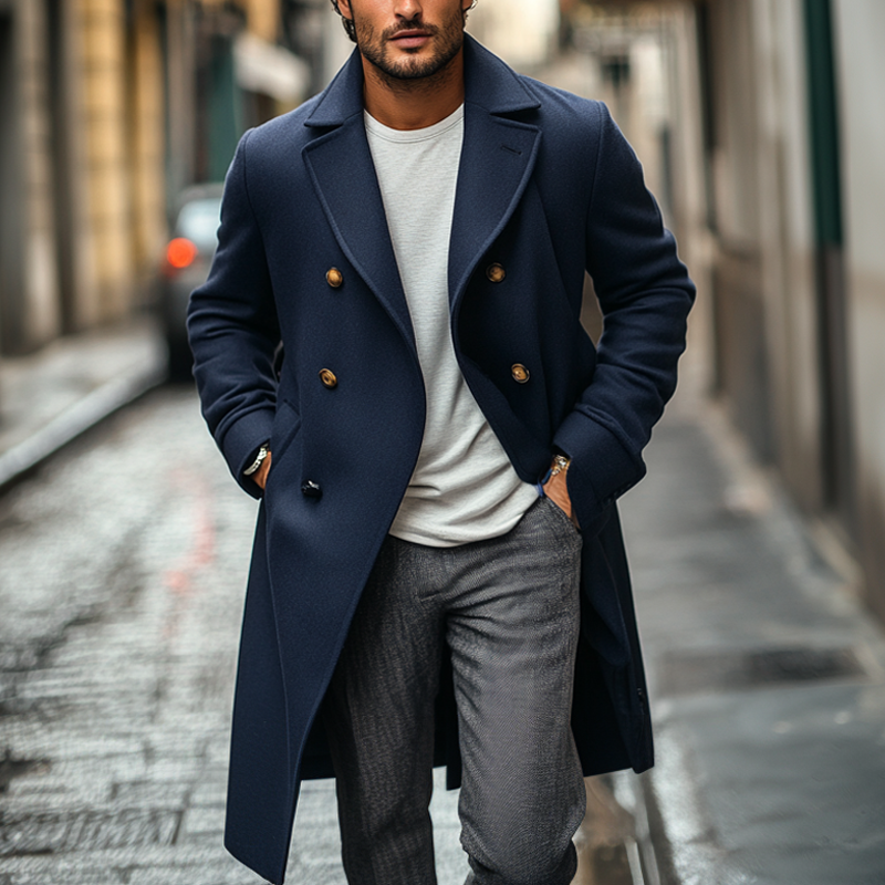 Men's Retro Solid Color Faux Wool Long Coat MTA0403I3X