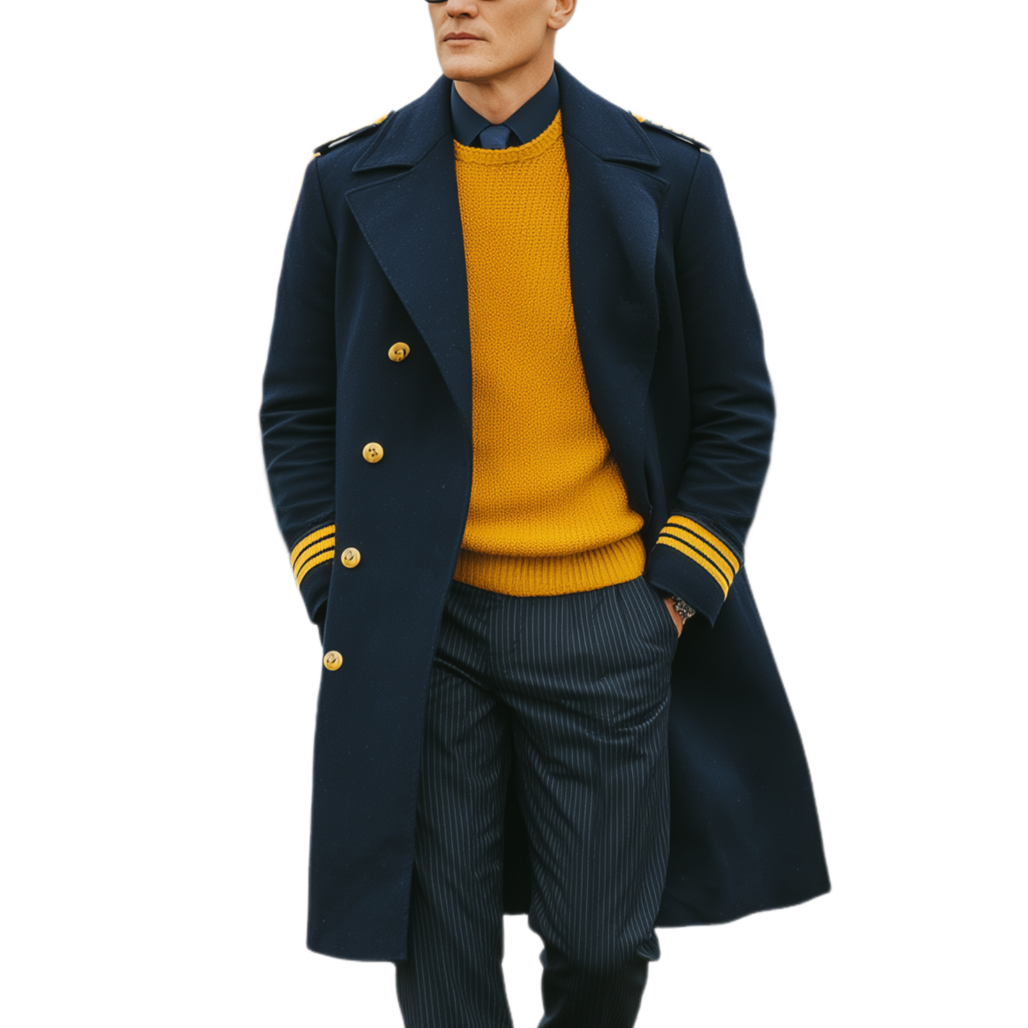 Men's Classic Retro Lapel Navy Blue Epaulette Wool Double-breasted Knee-length Coat MTA1659I7K