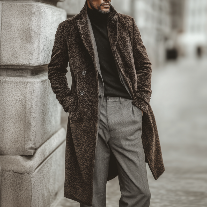 Men's Fashion Vintage Leopard Velvet Notch Lapel Double Breasted Slim Knee-Length Coat MTA0773H4M