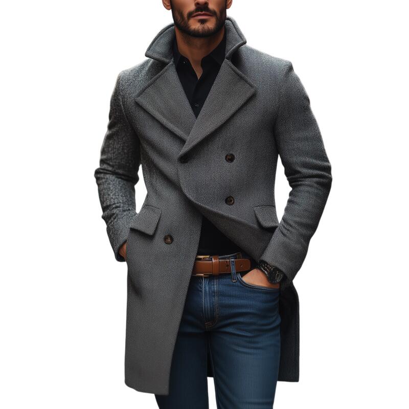 Men's Vintage Wool Blend Herringbone Pattern Notch Lapel Double-breasted Slim Fit Mid-length Coat MTA2563H2M