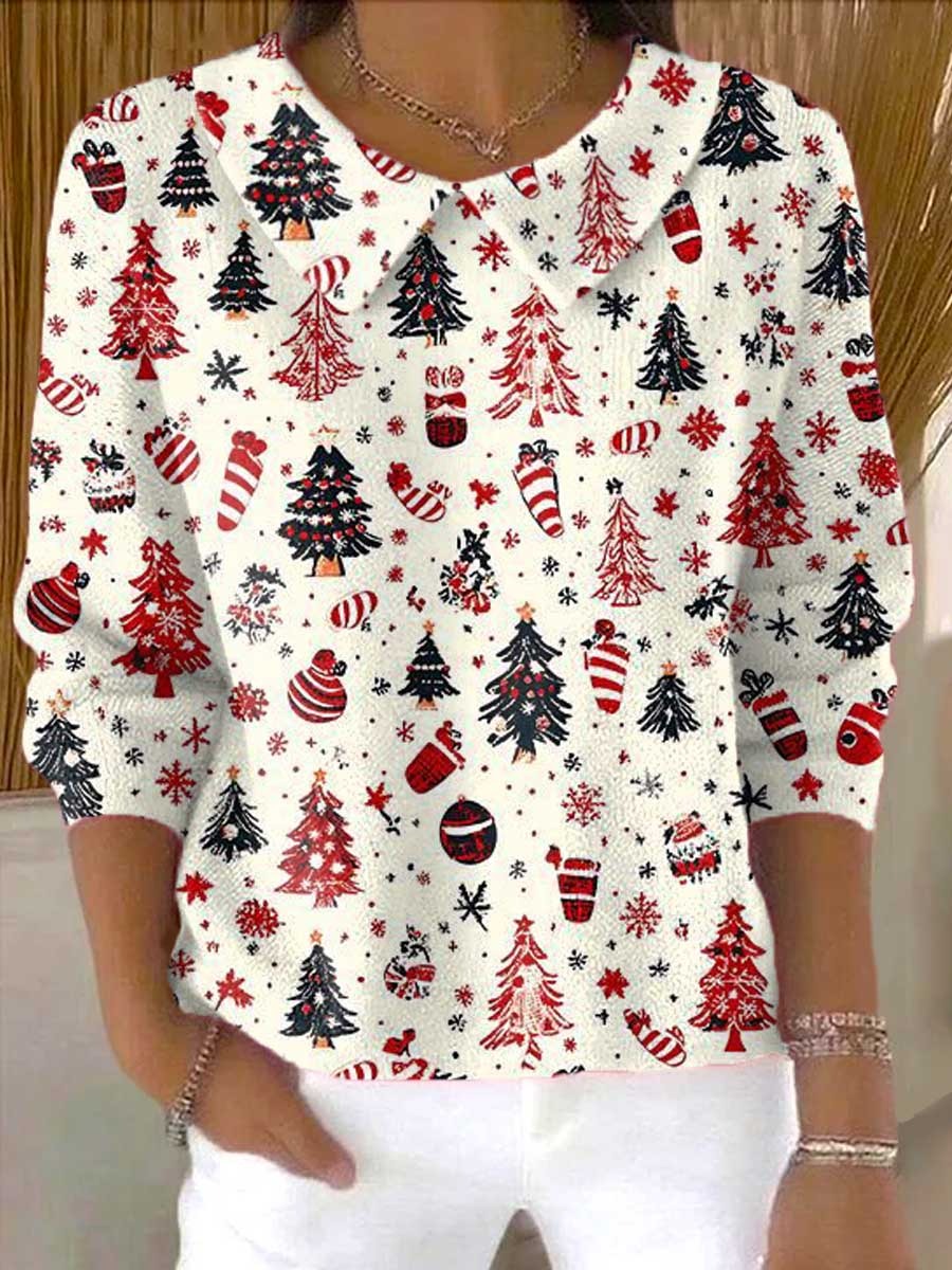Women's Christmas Tree Art Print Buttoned Cardigan Sweater