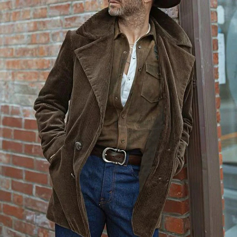 Men's Vintage Corduroy Solid Color Lapel Mid-length Coat MTA0994I8X