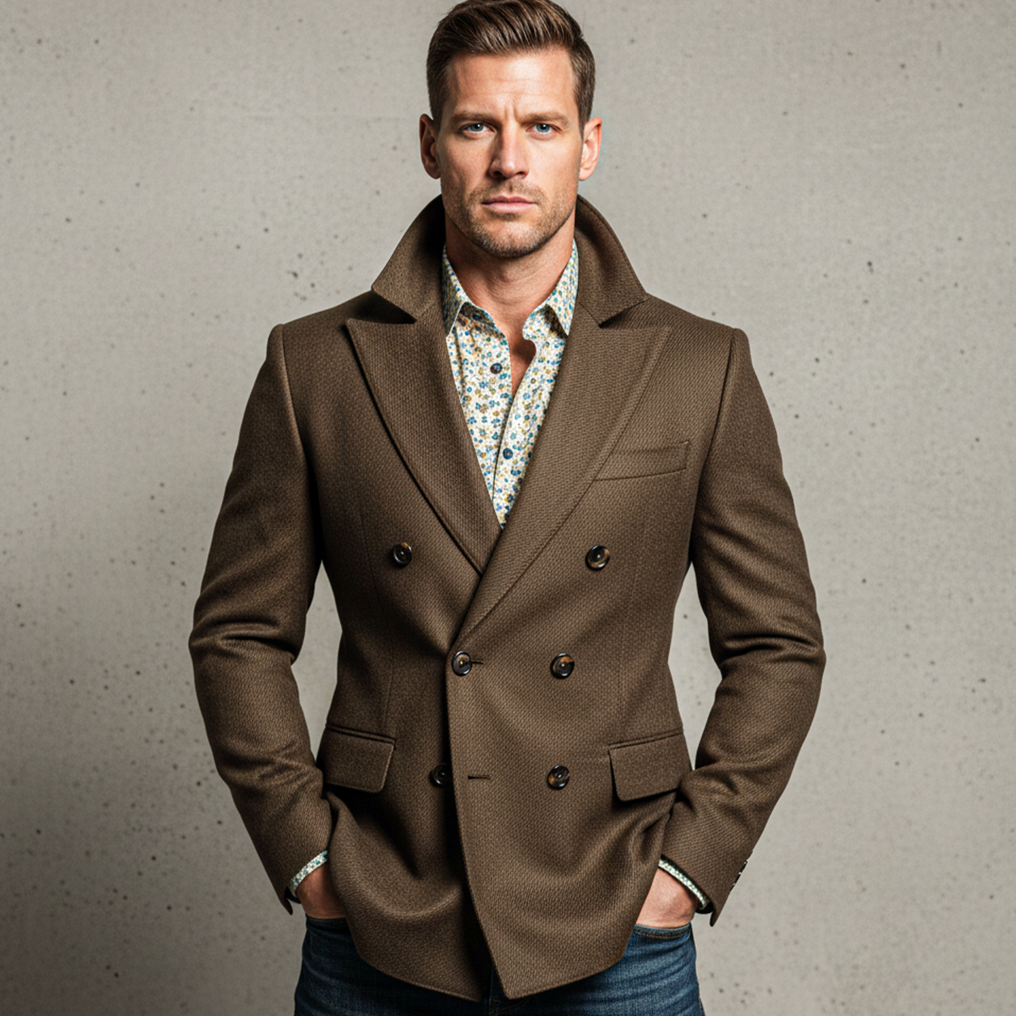 Men's Classic Light Business Double-breasted Textured Faux Wool Suit Coat MTA2216I3K