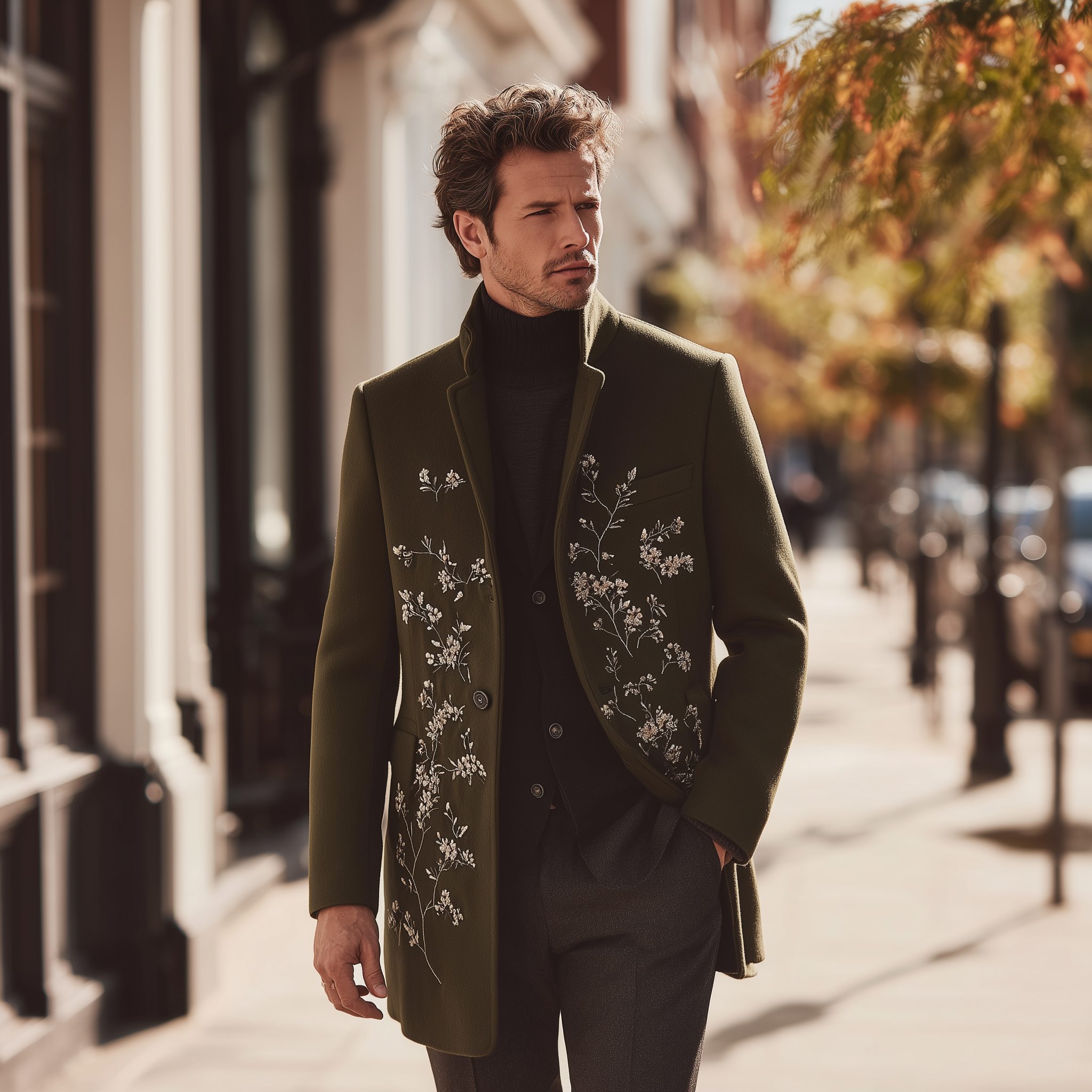 Men's Winter Fashion Floral Embroidered Faux Woolen Coat MTA0469I8P