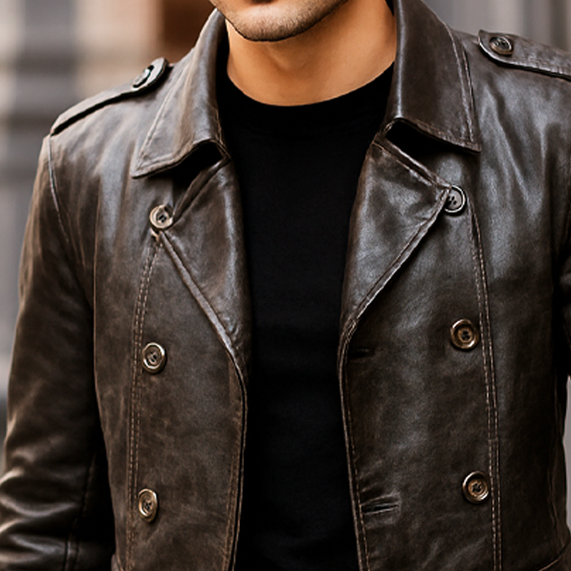 Men's Vintage Distressed PU Leather Double-breasted Short Coat MTA0429I0U