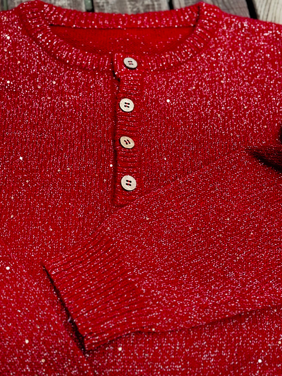 Women's Shiny Henley Neck Solid Color Sweater Top