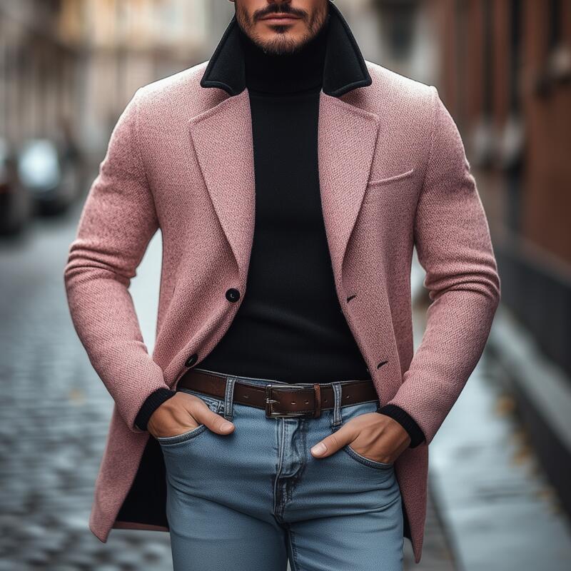 Men's Vintage Colorblock Wool Blend Notch Lapel Single-Breasted Warm Coat MTA2115H8M