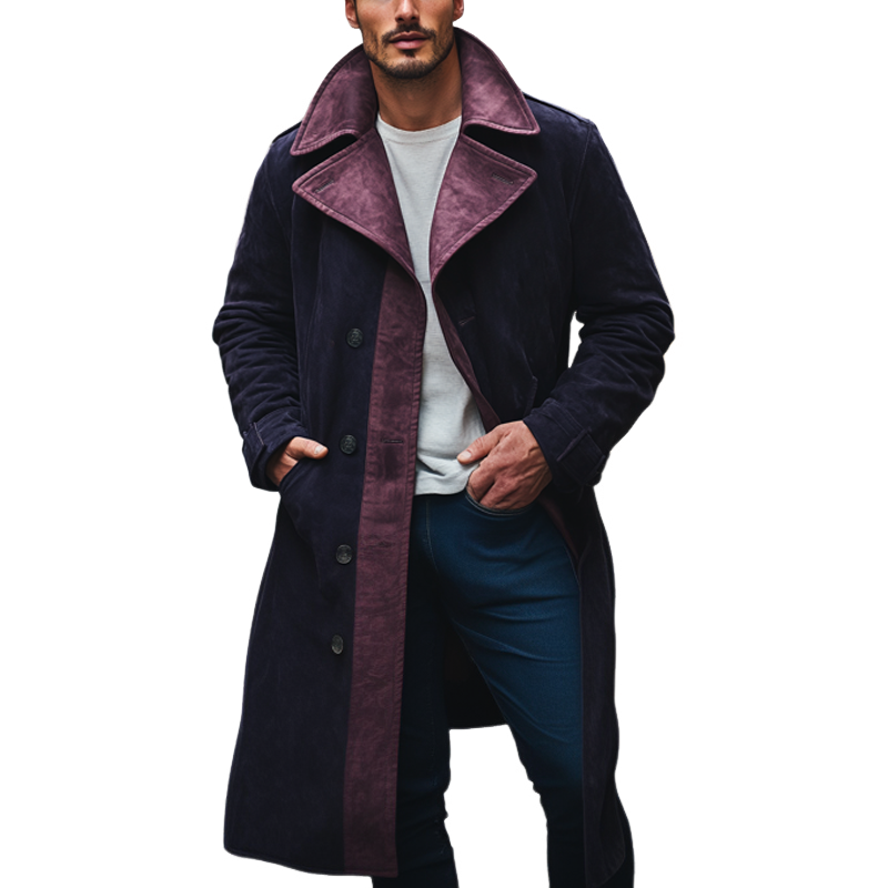 Men's Retro Contrast Lapel Faux Suede Trousers And Coat MTA0441I1X