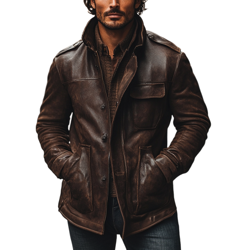 Men's Vintage Distressed Lapel Multi-pocket PU Mid-length Coat MTA0886I6X