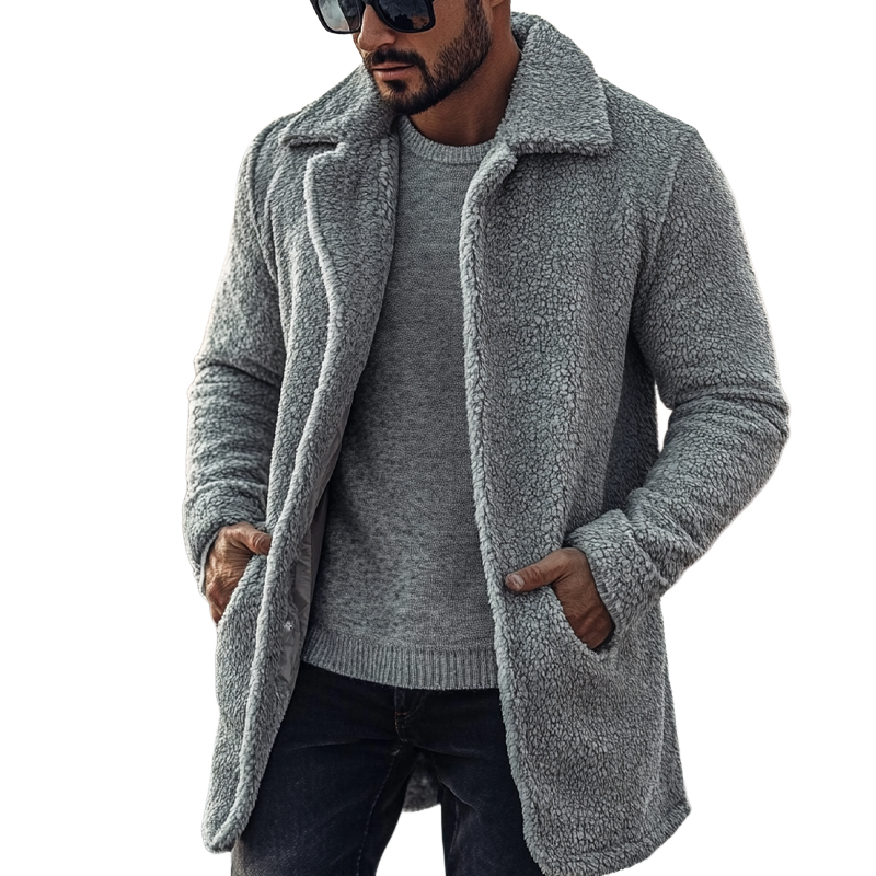 Men's Solid Color Polar Fleece Lapel Single-breasted Mid-length Coat MTA0932I5X