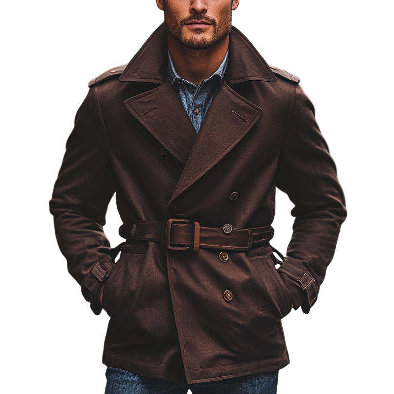 Men's Solid Color Twill Lapel Double-breasted Short Coat (including Belt) MTA1554I3X