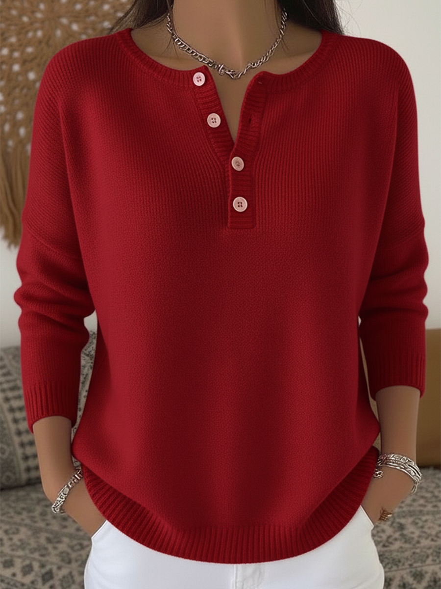 Women's Soft Solid Color Henley Collar Sweater Top