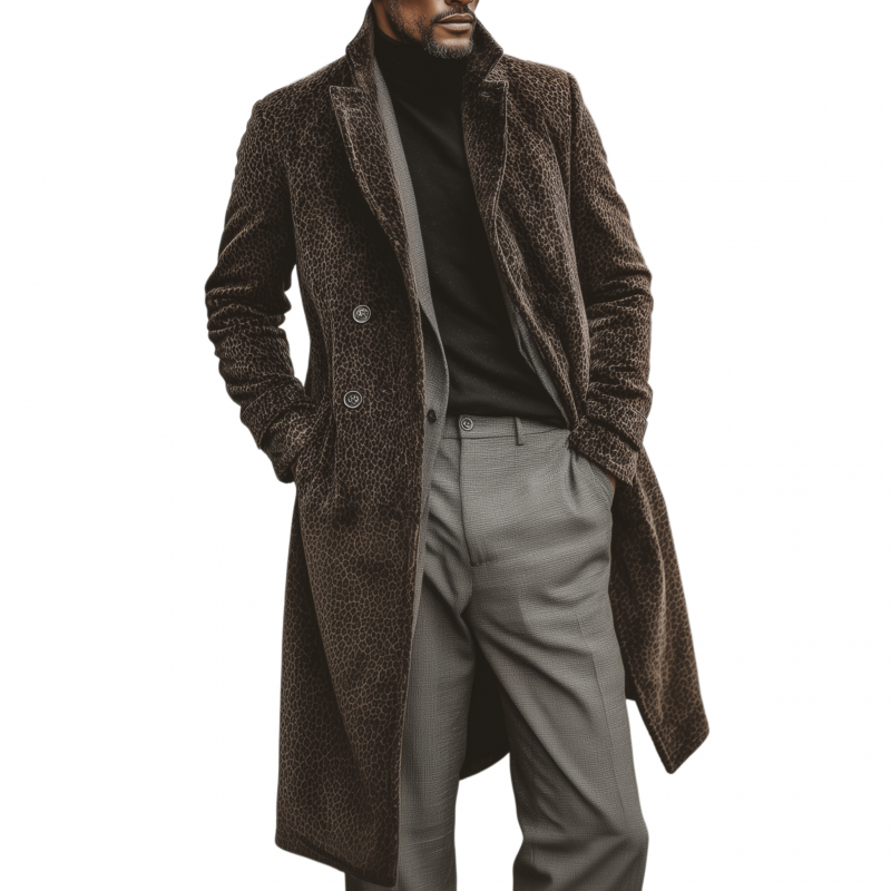 Men's Fashion Vintage Leopard Velvet Notch Lapel Double Breasted Slim Knee-Length Coat MTA0773H4M